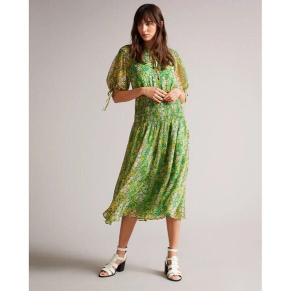 Ted Baker Dresses & Skirts - TED BAKER Dress 0 Ursille Floral Smoked Midi Dress Green Summer ASO TV